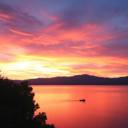 A beautifully composed photograph featuring a serene sunset over a tranquil lake, capturing the vibrant colors of the sky including deep oranges, soft pinks, and hints of purple reflecting on the water's surface
