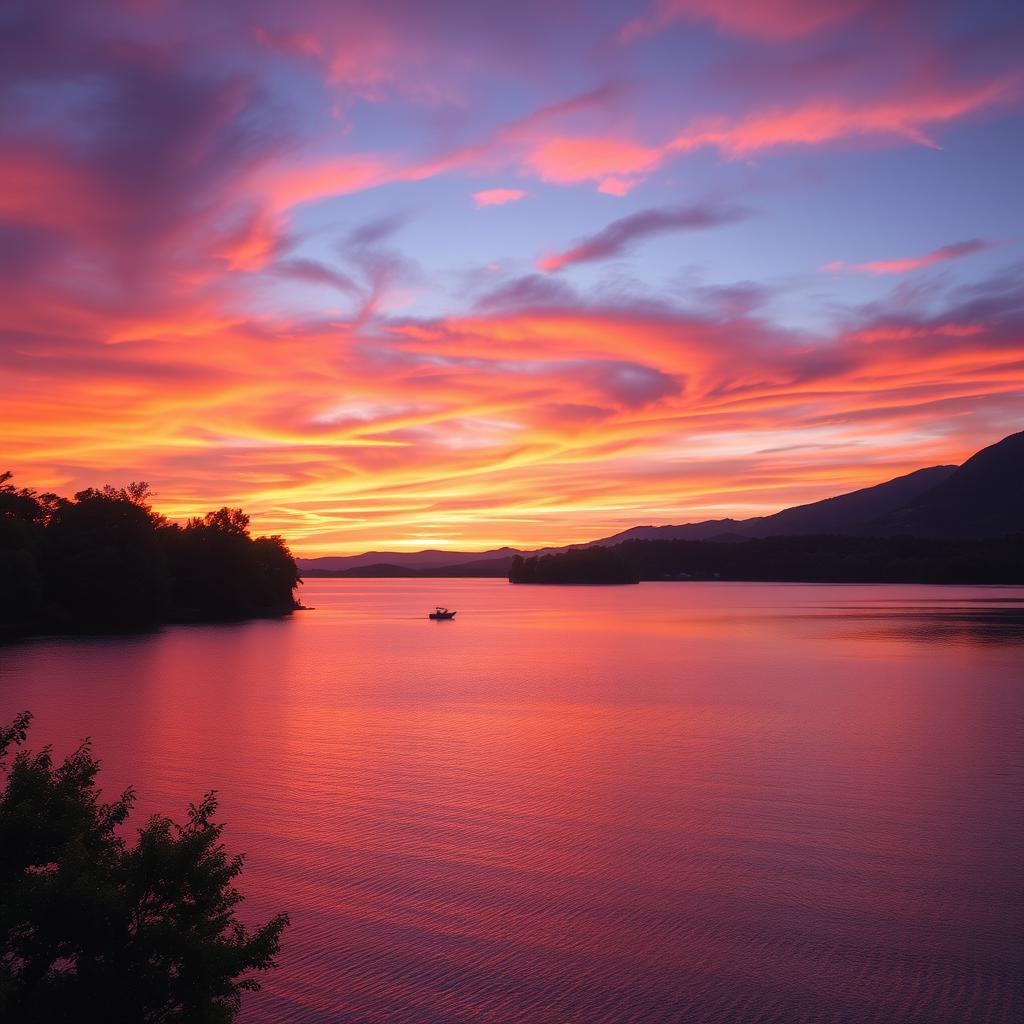 A beautifully composed photograph featuring a serene sunset over a tranquil lake, capturing the vibrant colors of the sky including deep oranges, soft pinks, and hints of purple reflecting on the water's surface