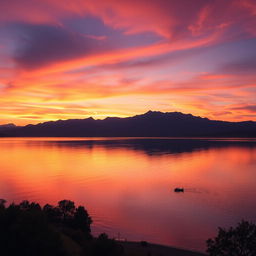A beautifully composed photograph featuring a serene sunset over a tranquil lake, capturing the vibrant colors of the sky including deep oranges, soft pinks, and hints of purple reflecting on the water's surface