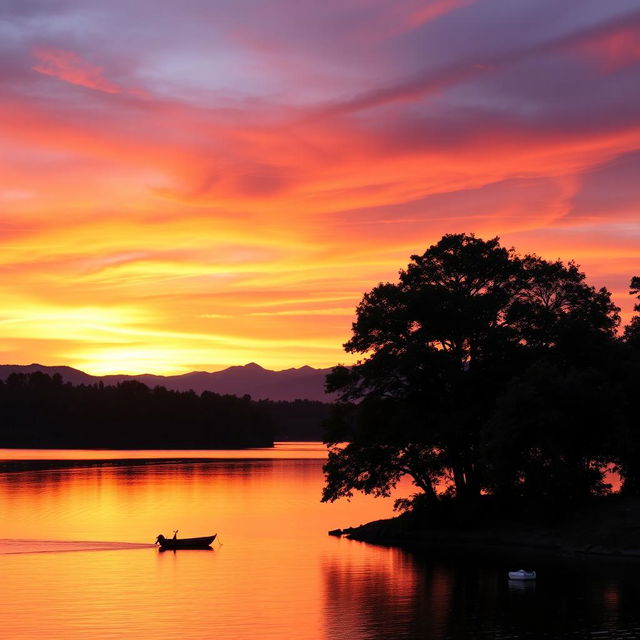 A beautifully composed photograph featuring a serene sunset over a tranquil lake, capturing the vibrant colors of the sky including deep oranges, soft pinks, and hints of purple reflecting on the water's surface