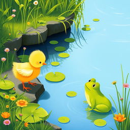 A cute little yellow chick meeting an adorable little green frog by the edge of a pond, illustrated in the charming style of Jon Klassen