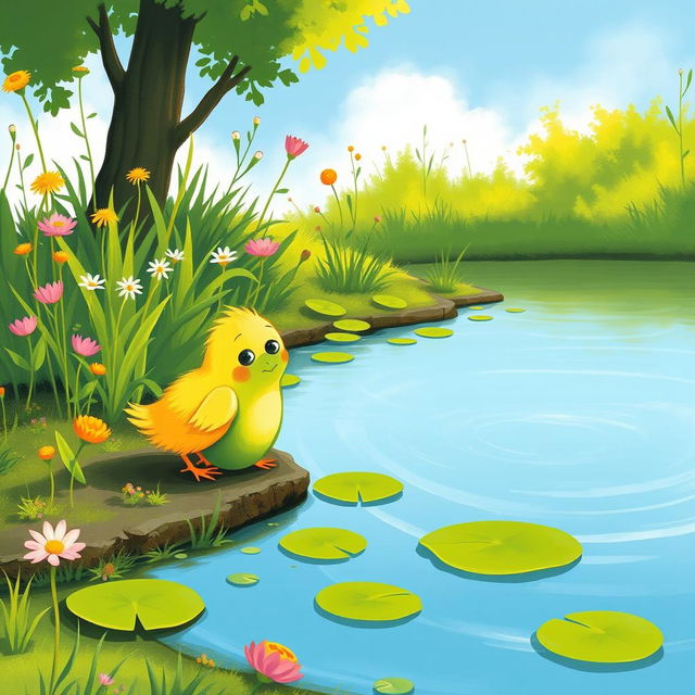 A cute little yellow chick meeting an adorable little green frog by the edge of a pond, illustrated in the charming style of Jon Klassen