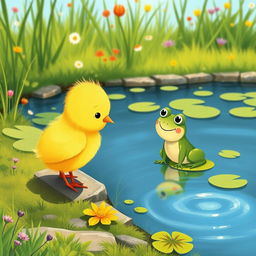 A cute little yellow chick meeting an adorable little green frog by the edge of a pond, illustrated in the charming style of Jon Klassen