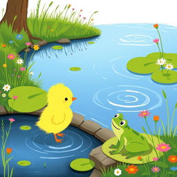 A cute little yellow chick meeting an adorable little green frog by the edge of a pond, illustrated in the charming style of Jon Klassen