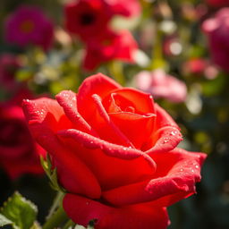 A stunning close-up of a vibrant red rose, its petals glistening with dew drops in the soft morning sunlight