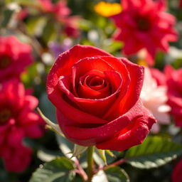 A stunning close-up of a vibrant red rose, its petals glistening with dew drops in the soft morning sunlight