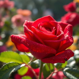 A stunning close-up of a vibrant red rose, its petals glistening with dew drops in the soft morning sunlight
