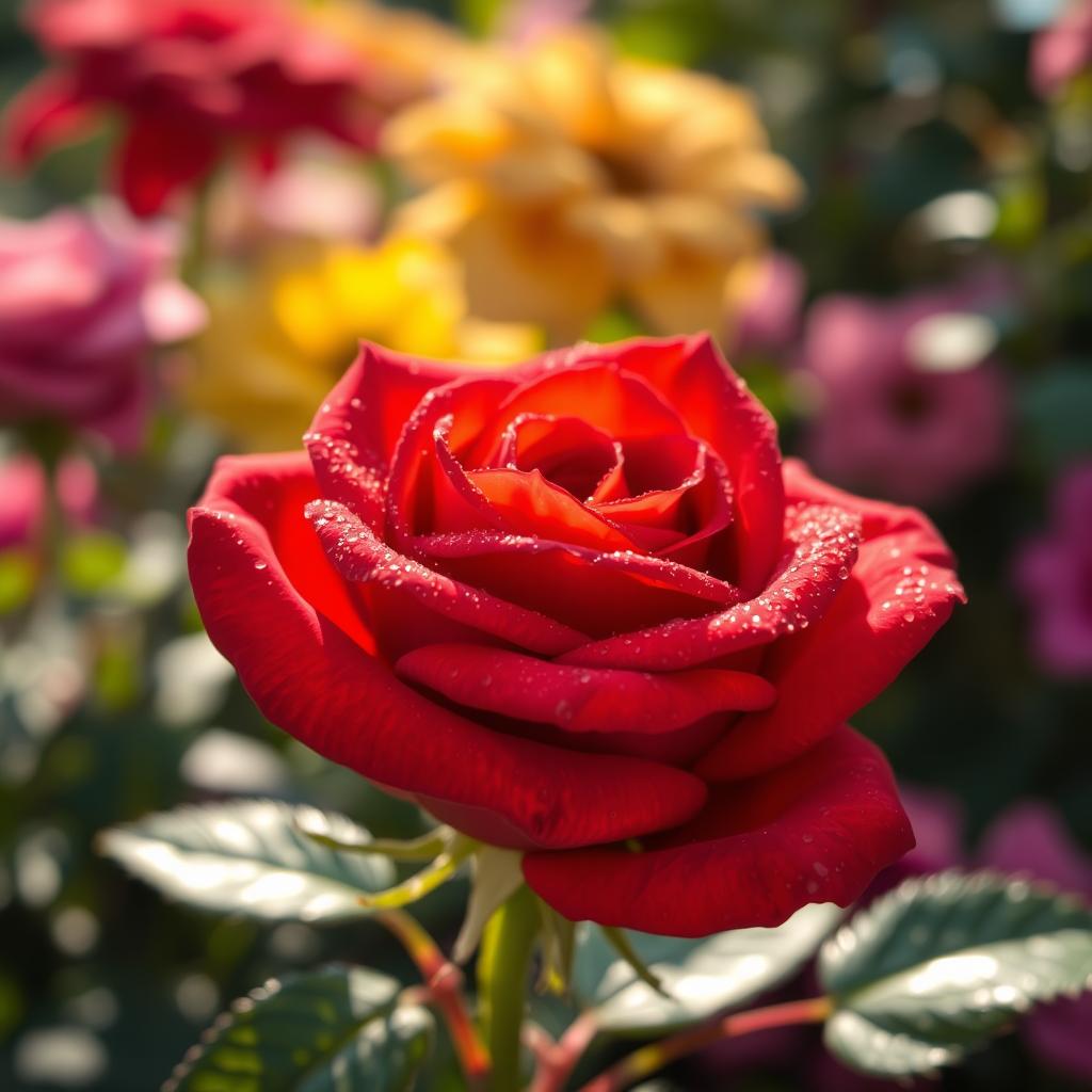 A stunning close-up of a vibrant red rose, its petals glistening with dew drops in the soft morning sunlight