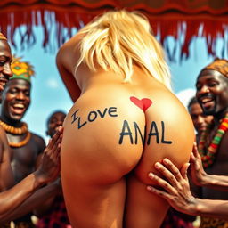 A close-up image of a blonde woman's naked round and sexy buttocks as she bends over, showing a bold "I LOVE ANAL" sign tattoo on her backside