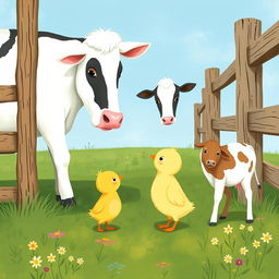 A cute little yellow chick encountering a large dairy cow accompanied by a baby calf, within a farmyard fenced area, illustrated in the charming style of Jon Klassen