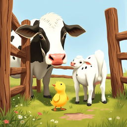 A cute little yellow chick encountering a large dairy cow accompanied by a baby calf, within a farmyard fenced area, illustrated in the charming style of Jon Klassen