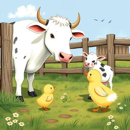 A cute little yellow chick encountering a large dairy cow accompanied by a baby calf, within a farmyard fenced area, illustrated in the charming style of Jon Klassen