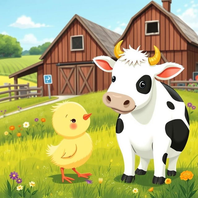 A cute little yellow chick encountering a charming dairy cow in a farm setting, illustrated in the delightful style of Jon Klassen