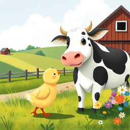A cute little yellow chick encountering a charming dairy cow in a farm setting, illustrated in the delightful style of Jon Klassen