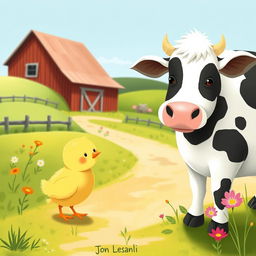 A cute little yellow chick encountering a charming dairy cow in a farm setting, illustrated in the delightful style of Jon Klassen