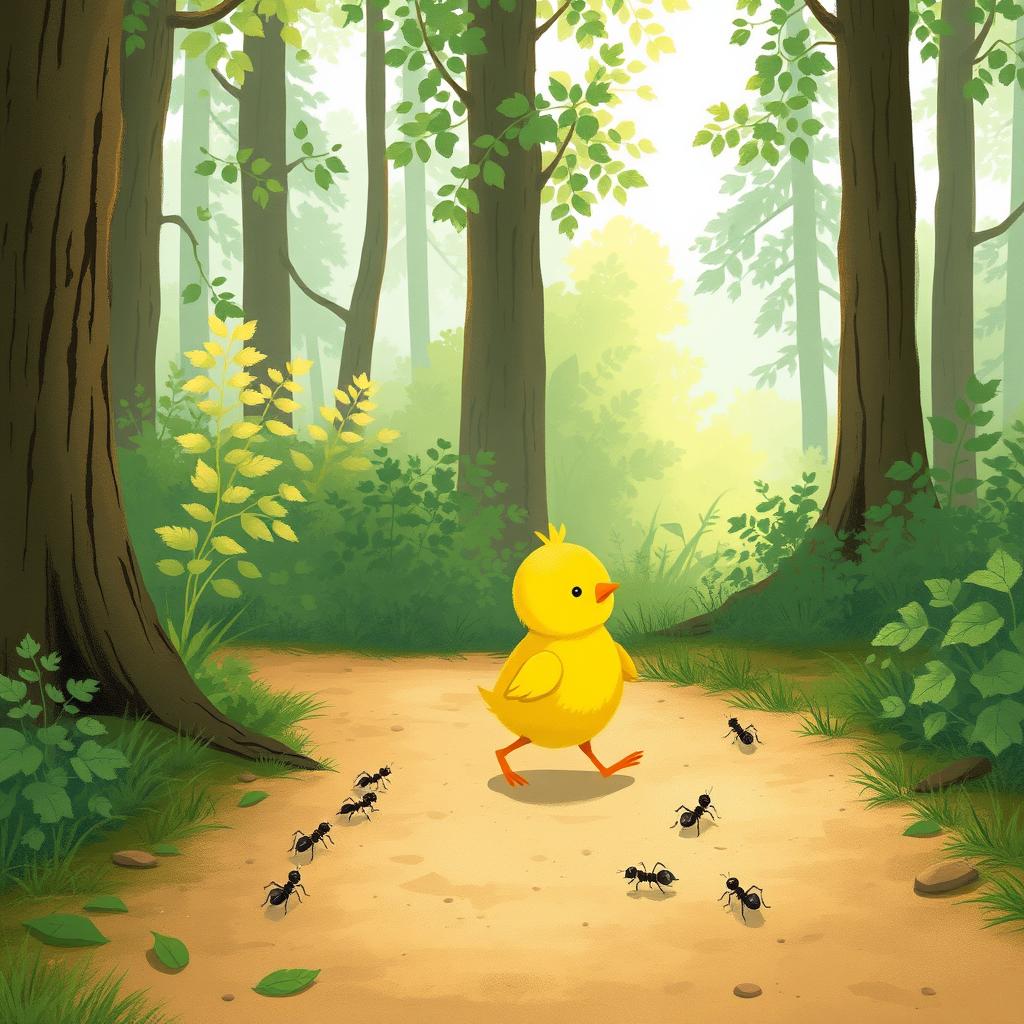 A cute little yellow chick walking along a forest path, encountering several small ants, illustrated in the delightful style of Jon Klassen