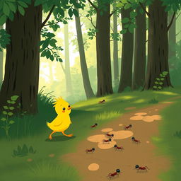 A cute little yellow chick walking along a forest path, encountering several small ants, illustrated in the delightful style of Jon Klassen
