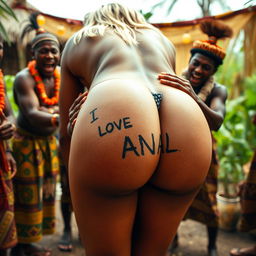 A close-up view of a blonde woman's naked round and sexy buttocks as she bends over, showcasing a prominent tattoo of "I LOVE ANAL" on her backside