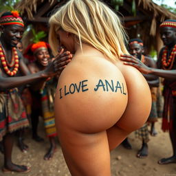 A close-up view of a blonde woman's naked round and sexy buttocks as she bends over, showcasing a prominent tattoo of "I LOVE ANAL" on her backside