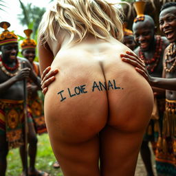 A close-up view of a blonde woman's naked round and sexy buttocks as she bends over, showcasing a prominent tattoo of "I LOVE ANAL" on her backside