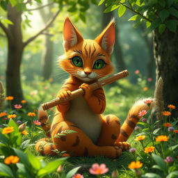 A whimsical scene featuring a ginger Tabaxi, a feline humanoid creature inspired by fantasy lore, gracefully playing a pan flute