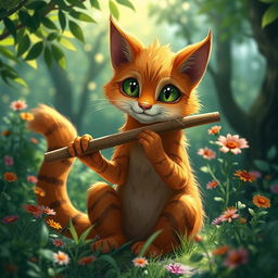 A whimsical scene featuring a ginger Tabaxi, a feline humanoid creature inspired by fantasy lore, gracefully playing a pan flute