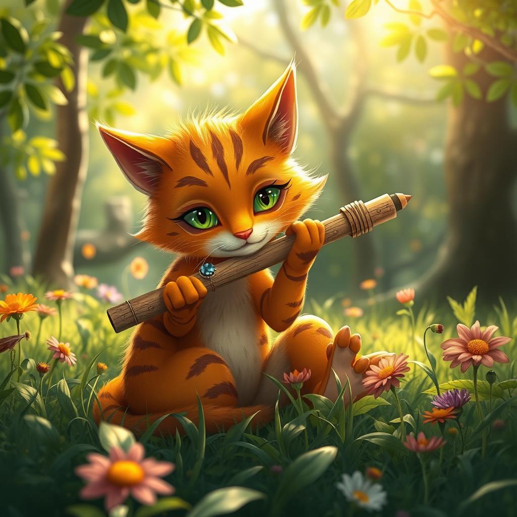 A whimsical scene featuring a ginger Tabaxi, a feline humanoid creature inspired by fantasy lore, gracefully playing a pan flute