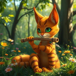 A whimsical scene featuring a ginger Tabaxi, a feline humanoid creature inspired by fantasy lore, gracefully playing a pan flute