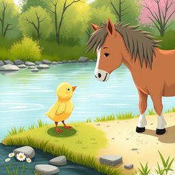 A cute little yellow chick meeting an adorable pony by the riverside, illustrated in the delightful style of Jon Klassen