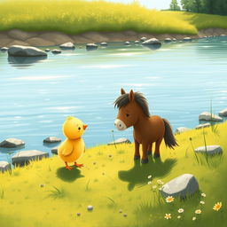 A cute little yellow chick meeting an adorable pony by the riverside, illustrated in the delightful style of Jon Klassen