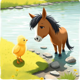 A cute little yellow chick meeting an adorable pony by the riverside, illustrated in the delightful style of Jon Klassen
