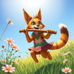 A lively scene featuring a ginger Tabaxi, a feline humanoid character with vibrant orange fur and dark stripes, joyfully skipping through a sunny meadow while playing a flute