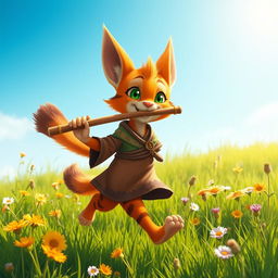 A lively scene featuring a ginger Tabaxi, a feline humanoid character with vibrant orange fur and dark stripes, joyfully skipping through a sunny meadow while playing a flute