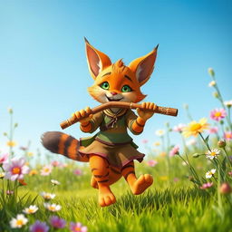 A lively scene featuring a ginger Tabaxi, a feline humanoid character with vibrant orange fur and dark stripes, joyfully skipping through a sunny meadow while playing a flute