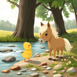 A cute little yellow chick meeting an adorable pony by the riverside, illustrated in the whimsical style of Jon Klassen