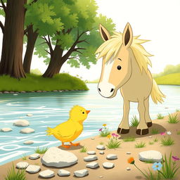 A cute little yellow chick meeting an adorable pony by the riverside, illustrated in the whimsical style of Jon Klassen