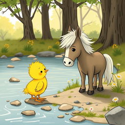 A cute little yellow chick meeting an adorable pony by the riverside, illustrated in the whimsical style of Jon Klassen