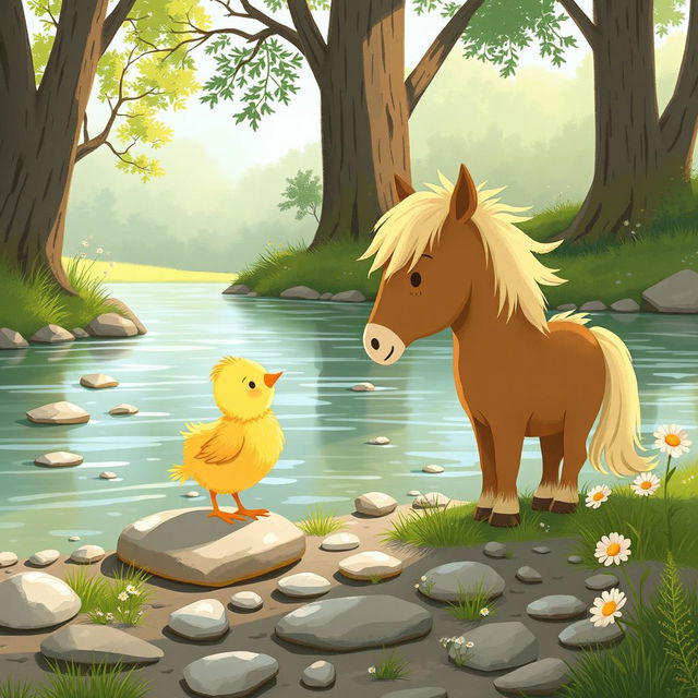 A cute little yellow chick meeting an adorable pony by the riverside, illustrated in the whimsical style of Jon Klassen