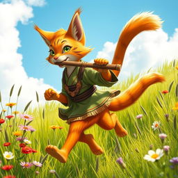 An energetic scene depicting an adult ginger Tabaxi, a humanoid feline character with striking orange fur and subtle dark stripes, joyfully skipping through a bright, open meadow while playing a flute