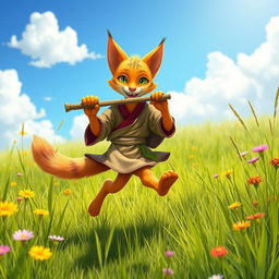 An energetic scene depicting an adult ginger Tabaxi, a humanoid feline character with striking orange fur and subtle dark stripes, joyfully skipping through a bright, open meadow while playing a flute
