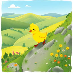 A cute little yellow chick bravely making its way up a steep hillside, illustrated in the charming style of Jon Klassen