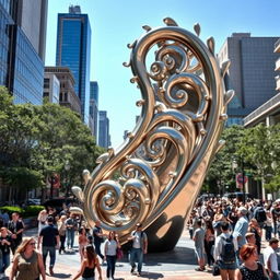 A stunning urban sculpture in the shape of a paisley pattern, crafted from gleaming metal