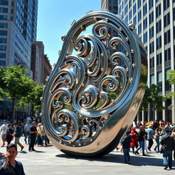A stunning urban sculpture in the shape of a paisley pattern, crafted from gleaming metal