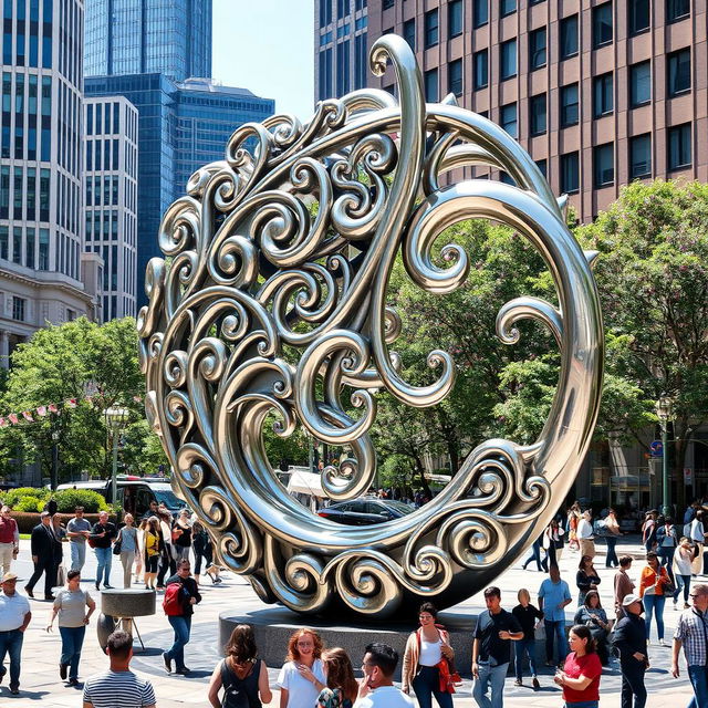 A stunning urban sculpture in the shape of a paisley pattern, crafted from gleaming metal