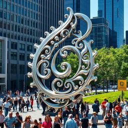 A stunning urban sculpture in the shape of a paisley pattern, crafted from gleaming metal