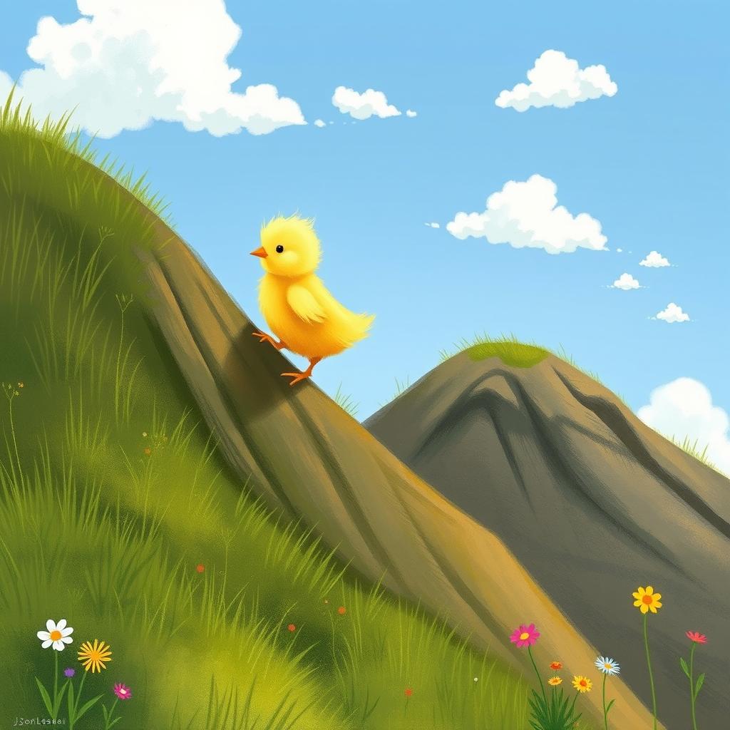 A cute little yellow chick climbing up a steep hillside, illustrated in the charming style of Jon Klassen