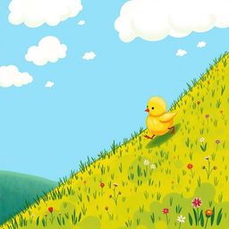 A cute little yellow chick climbing up a steep hillside, illustrated in the charming style of Jon Klassen