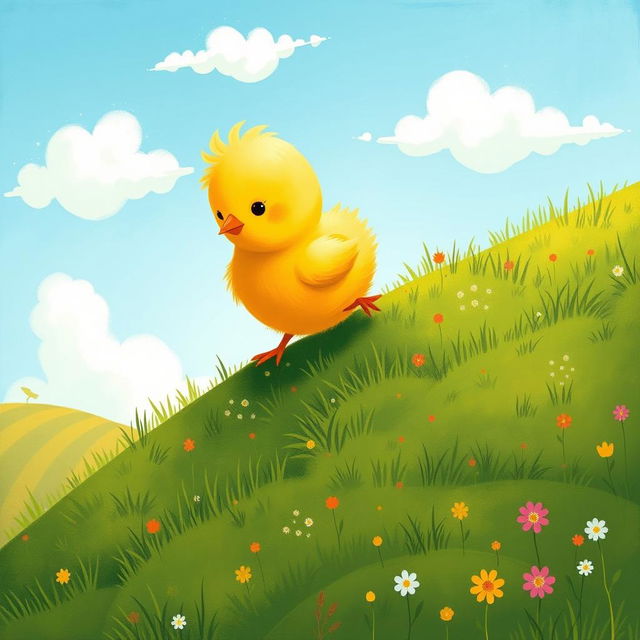 A cute little yellow chick climbing up a steep hillside, illustrated in the charming style of Jon Klassen