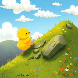 A cute little yellow chick climbing up a steep hillside, illustrated in the charming style of Jon Klassen