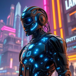 A futuristic cyborg version of George Floyd, named George Droyd, designed with advanced Propylon technology